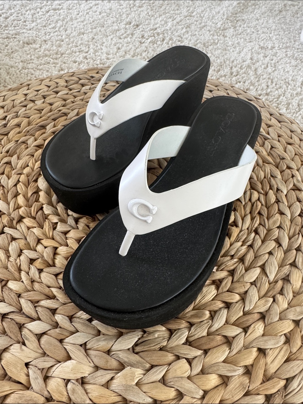 Coach White and Black Platform Thong Sandals